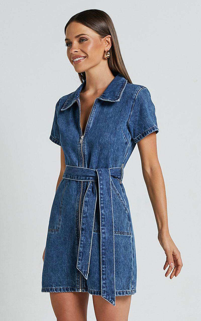 Showpo Nandini Mini Dress - Zip Through Denim Dress Blue | WCXKNA940