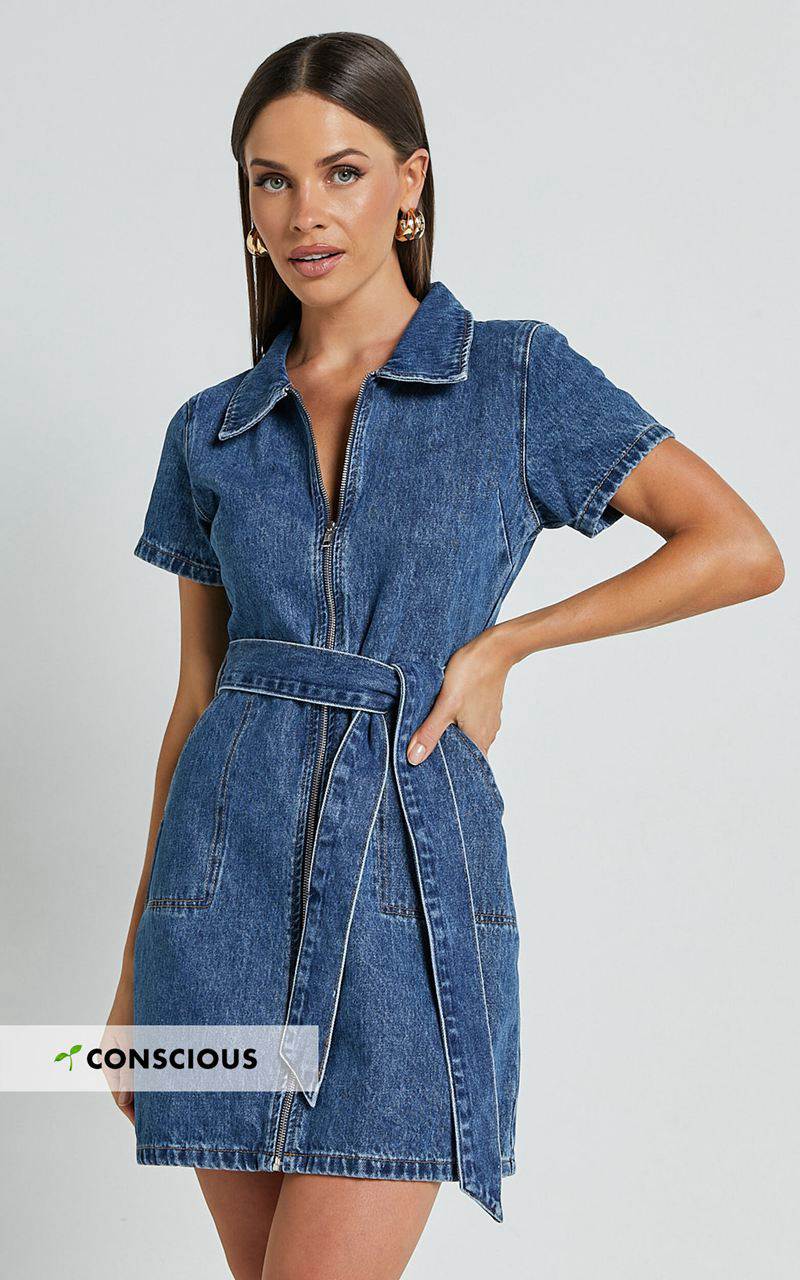 Showpo Nandini Mini Dress - Zip Through Denim Dress Blue | WCXKNA940