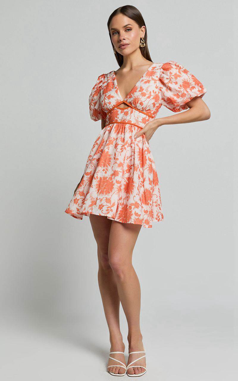 Showpo Natalia Mini Dress - Puff Sleeve Cut Out Dress Orange Floral | VCRFWN459