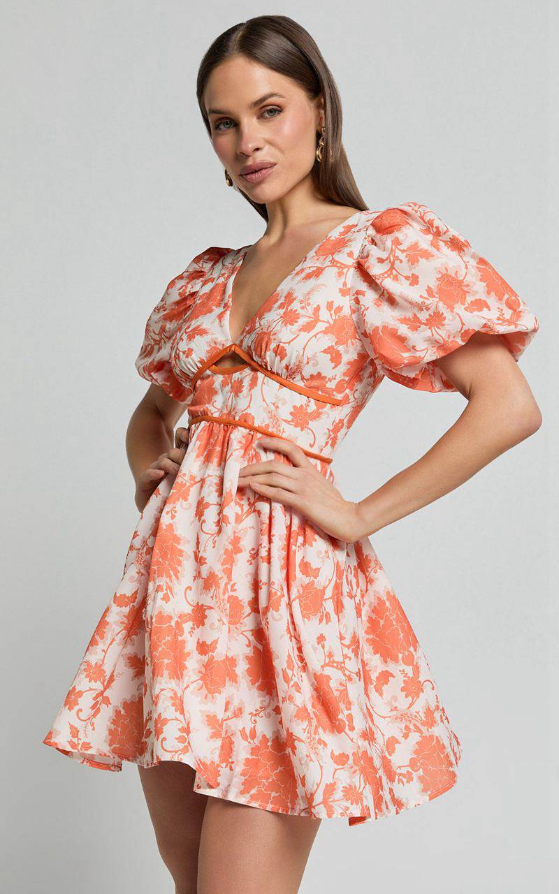 Showpo Natalia Mini Dress - Puff Sleeve Cut Out Dress Orange Floral | VCRFWN459