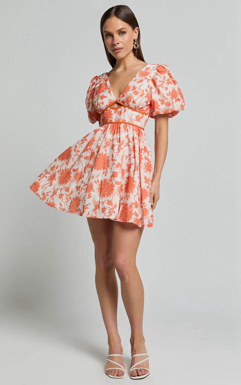 Showpo Natalia Mini Dress - Puff Sleeve Cut Out Dress Orange Floral | VCRFWN459