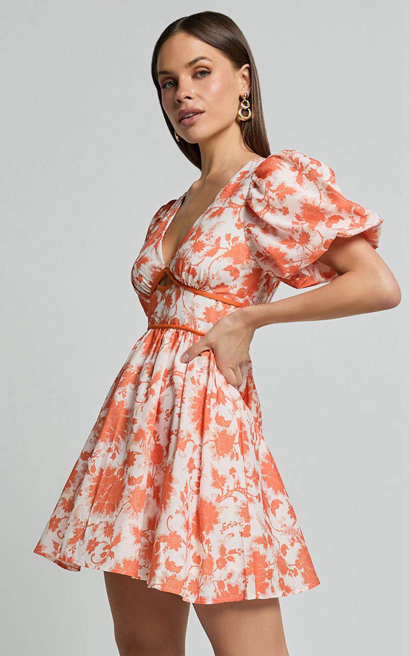 Showpo Natalia Mini Dress - Puff Sleeve Cut Out Dress Orange Floral | VCRFWN459