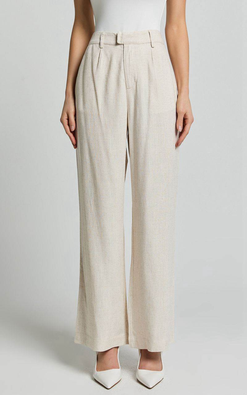 Showpo Nate Pants - Mid Waist Tailored Linen Look Pants Natural | ZWDPBK085