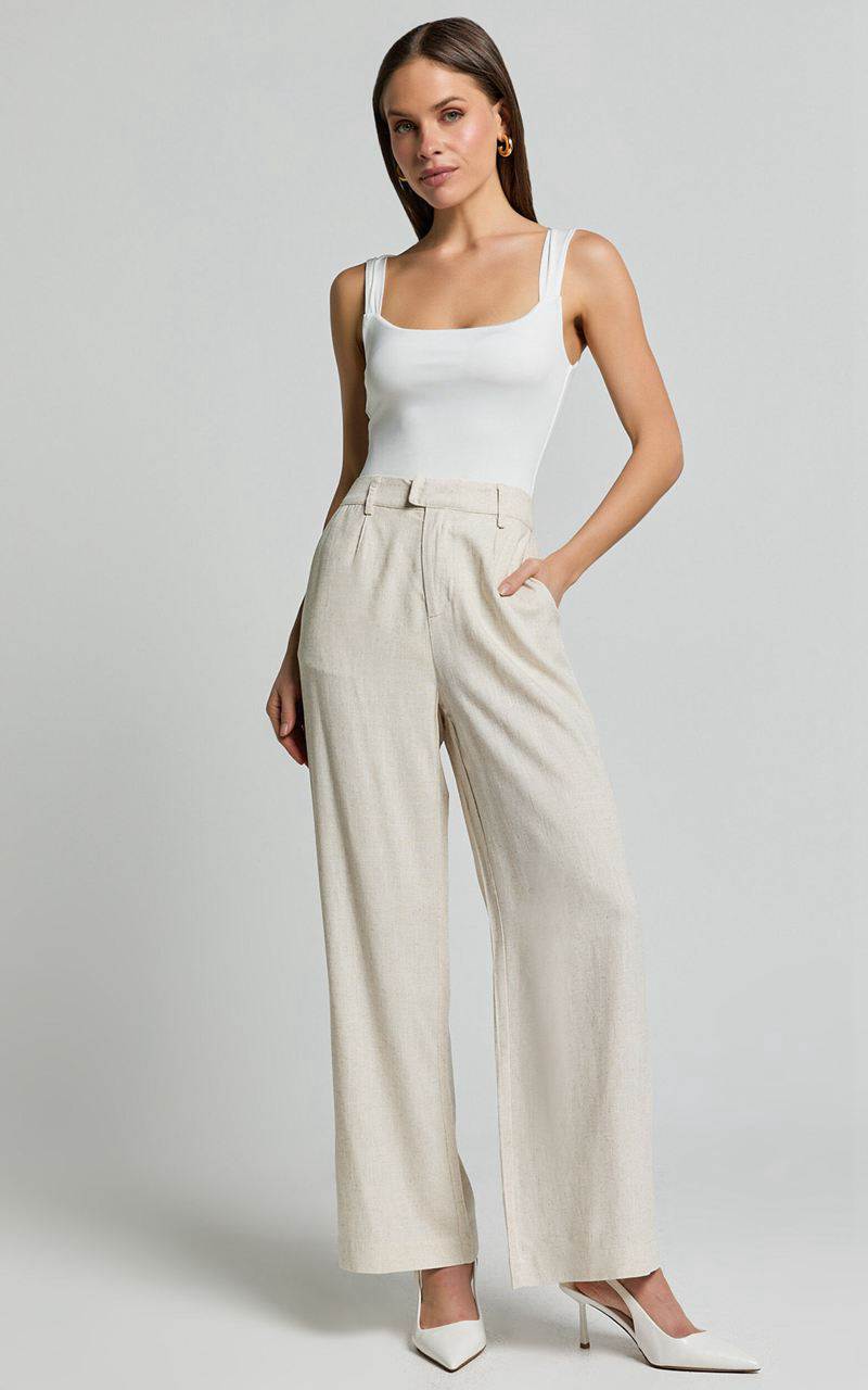 Showpo Nate Pants - Mid Waist Tailored Linen Look Pants Natural | ZWDPBK085