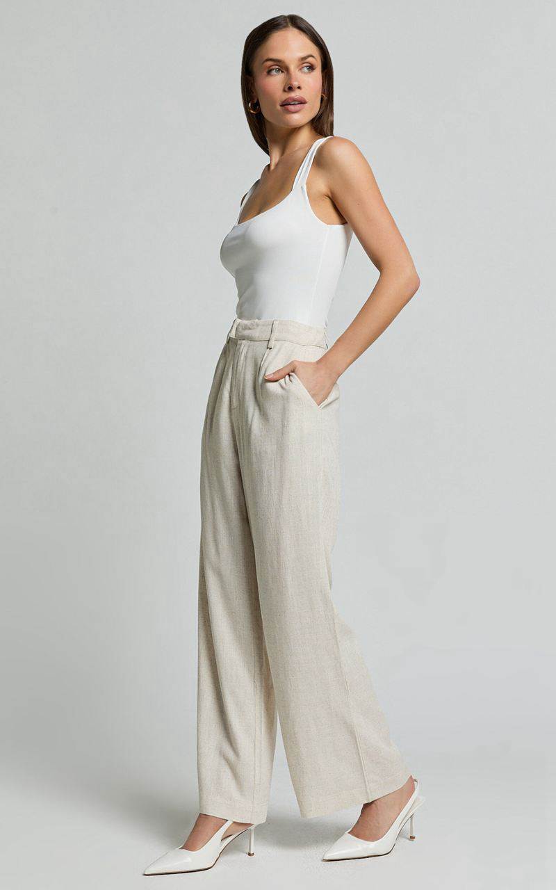 Showpo Nate Pants - Mid Waist Tailored Linen Look Pants Natural | ZWDPBK085