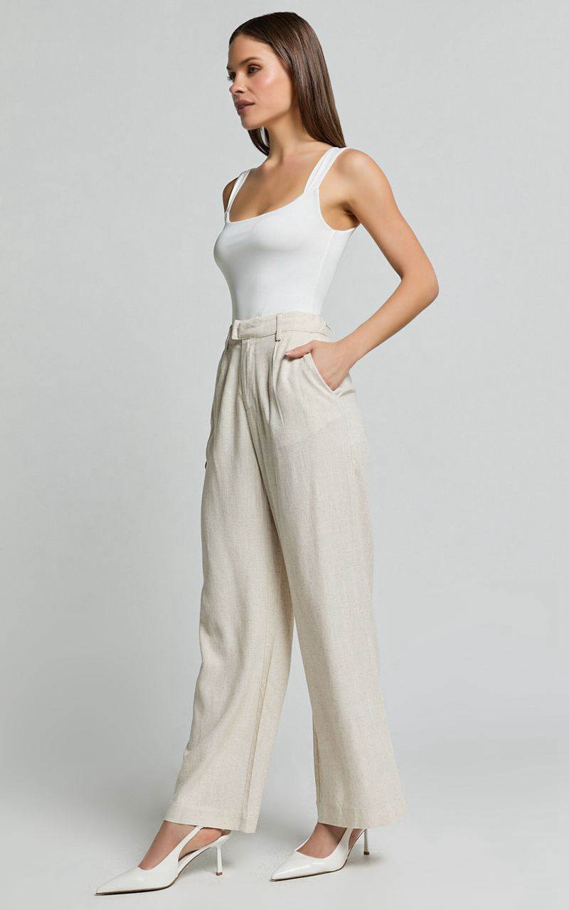 Showpo Nate Pants - Mid Waist Tailored Linen Look Pants Natural | ZWDPBK085