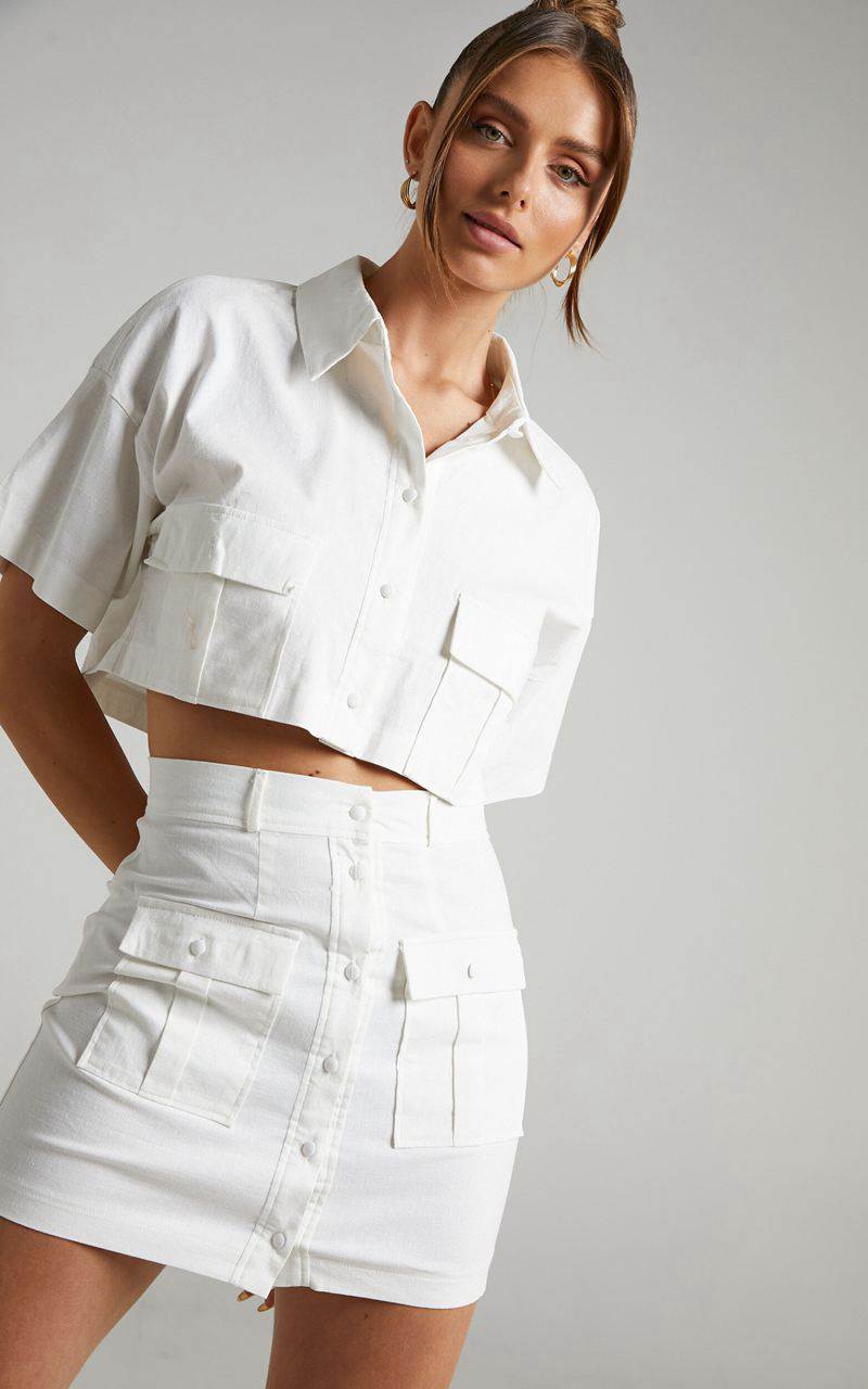 Showpo Navine Two Piece Set - Button Front Crop Top And Cargo Pocket Mini Skirt Set White | BQFKOH205