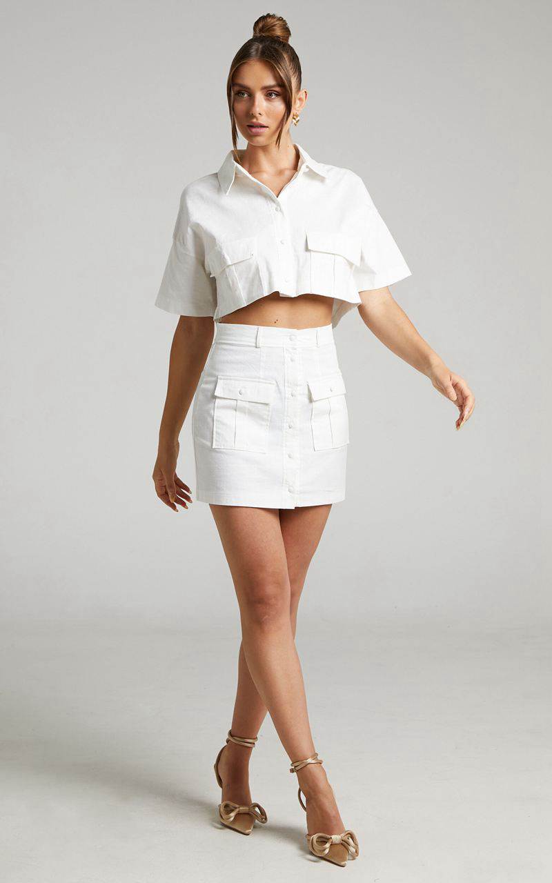 Showpo Navine Two Piece Set - Button Front Crop Top And Cargo Pocket Mini Skirt Set White | BQFKOH205