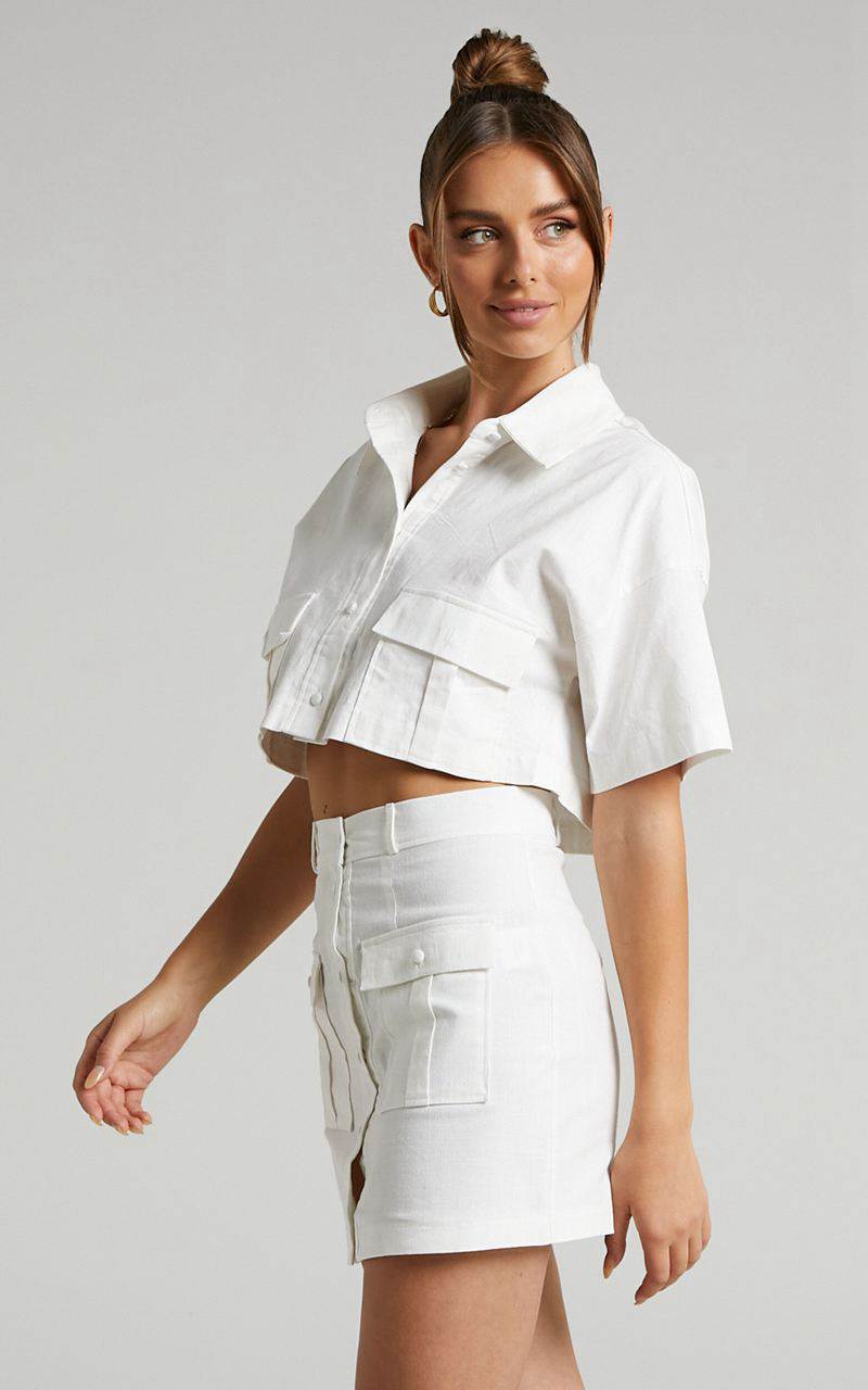 Showpo Navine Two Piece Set - Button Front Crop Top And Cargo Pocket Mini Skirt Set White | BQFKOH205