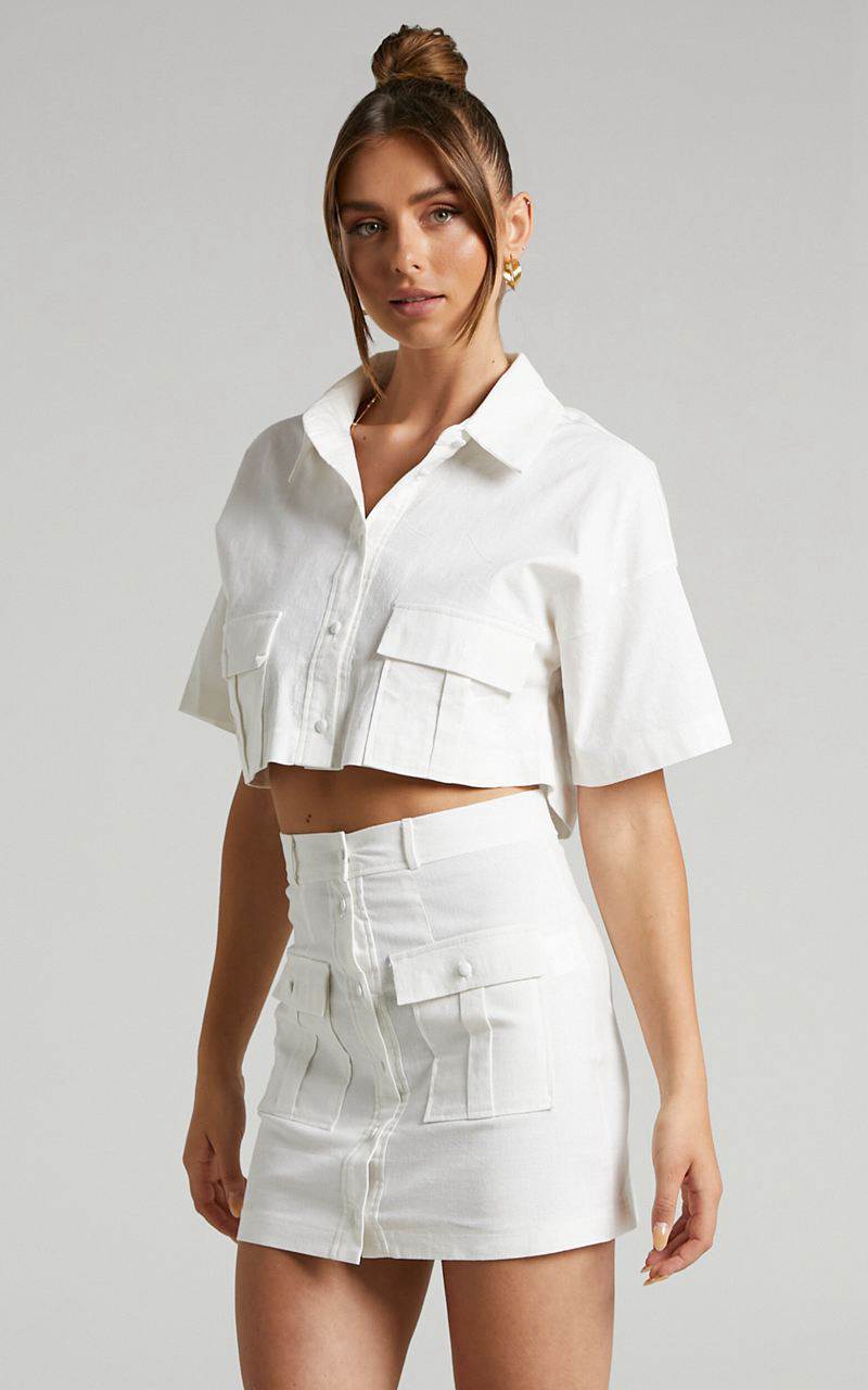 Showpo Navine Two Piece Set - Button Front Crop Top And Cargo Pocket Mini Skirt Set White | BQFKOH205