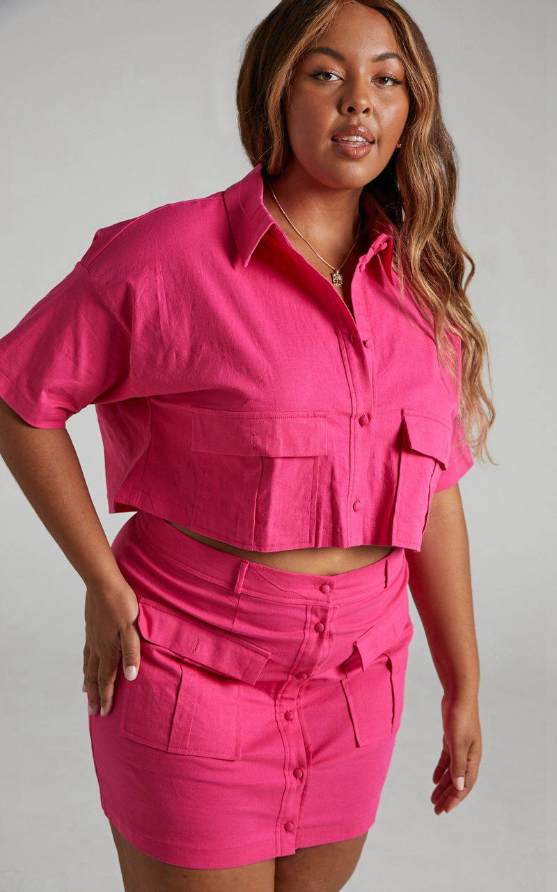 Showpo Navine Two Piece Set - Button Front Crop Top And Cargo Pocket Mini Skirt Set Hot Pink | GXCYFQ230