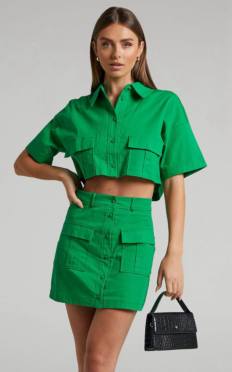 Showpo Navine Two Piece Set - Button Front Crop Top And Cargo Pocket Mini Skirt Set Green | YTAHGW620