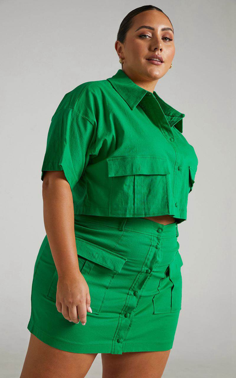 Showpo Navine Two Piece Set - Button Front Crop Top And Cargo Pocket Mini Skirt Set Green | YTAHGW620