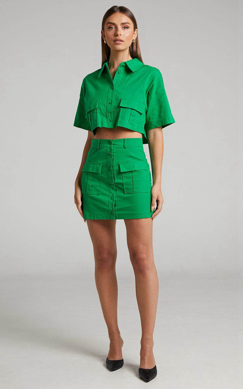 Showpo Navine Two Piece Set - Button Front Crop Top And Cargo Pocket Mini Skirt Set Green | YTAHGW620