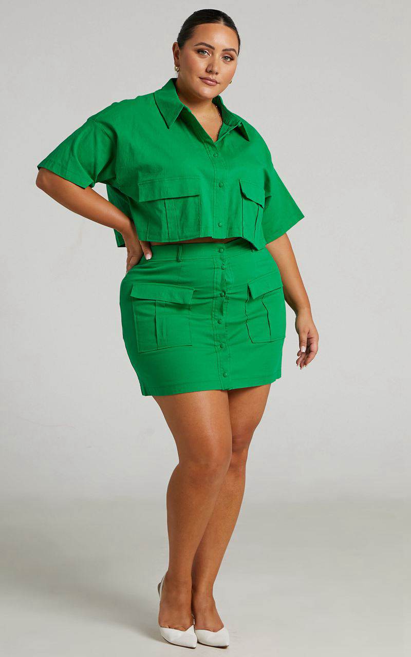 Showpo Navine Two Piece Set - Button Front Crop Top And Cargo Pocket Mini Skirt Set Green | YTAHGW620