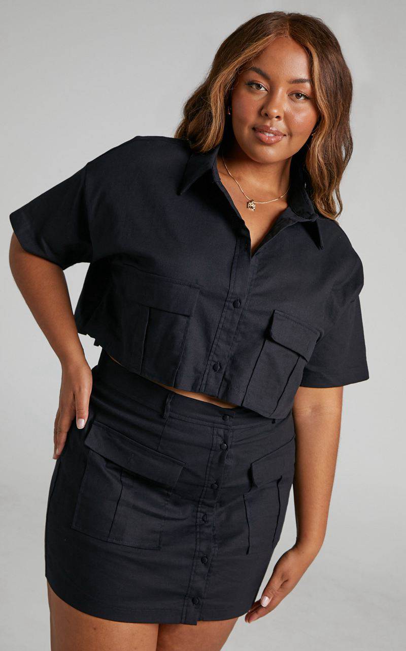 Showpo Navine Two Piece Set - Button Front Crop Top And Cargo Pocket Mini Skirt Set Black | QEXKDO943