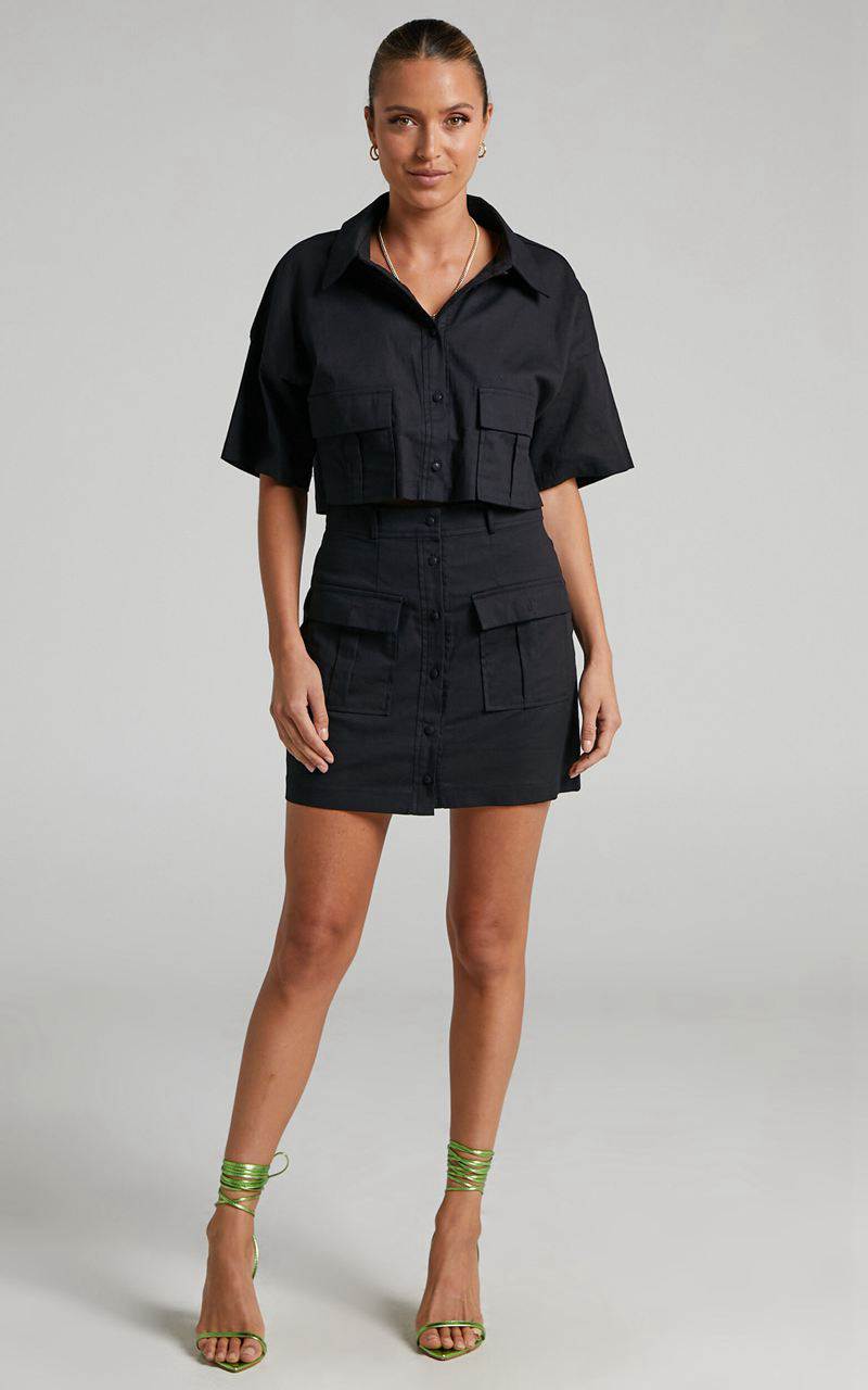 Showpo Navine Two Piece Set - Button Front Crop Top And Cargo Pocket Mini Skirt Set Black | QEXKDO943