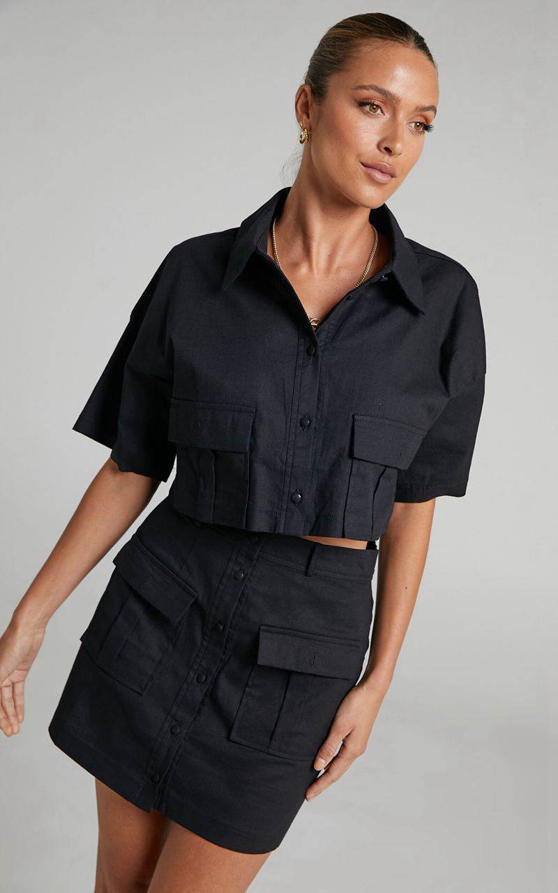 Showpo Navine Two Piece Set - Button Front Crop Top And Cargo Pocket Mini Skirt Set Black | QEXKDO943