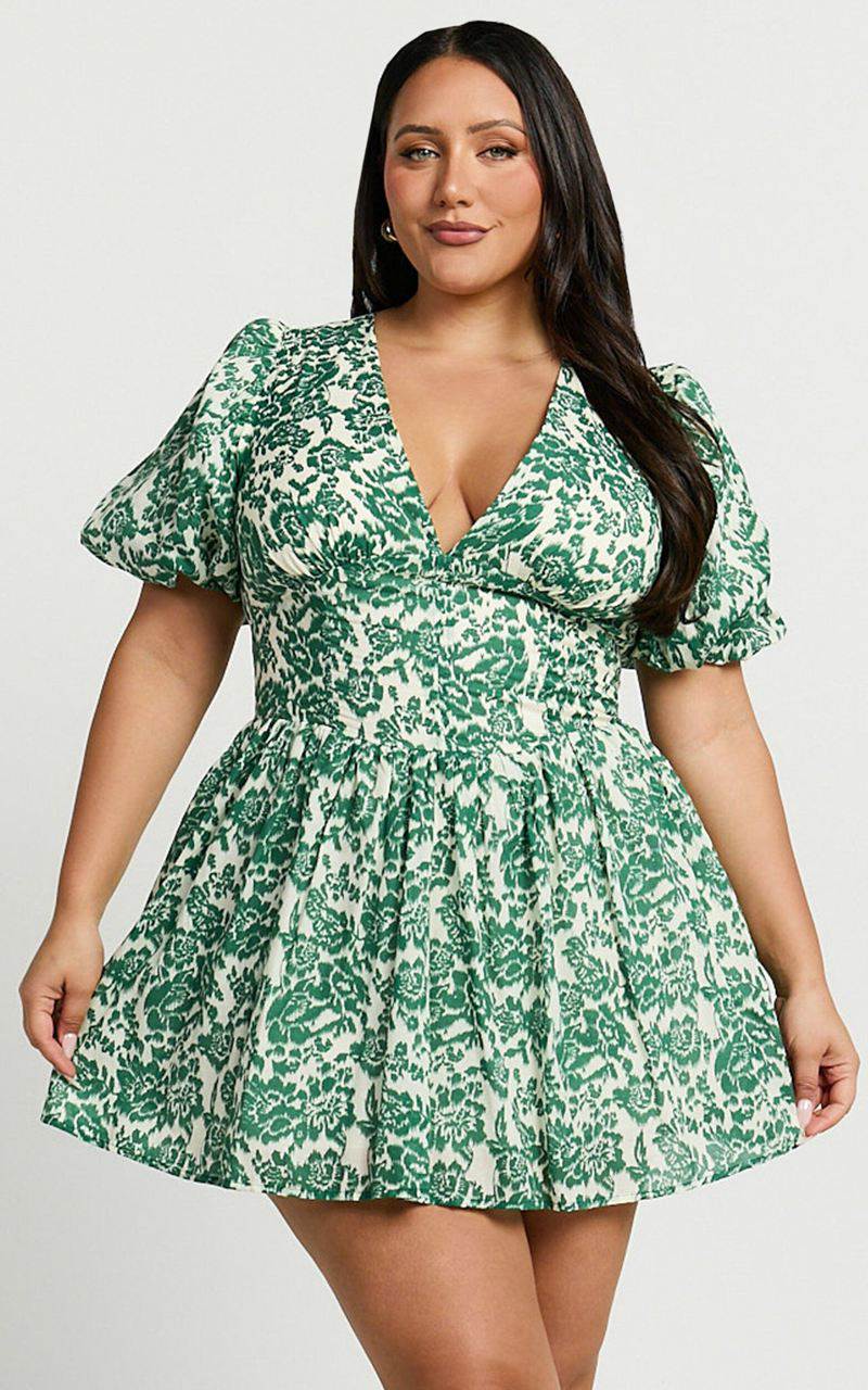 Showpo Nelli Mini Dress - Short Puff Sleeve Shirred Back Dress Green Silhouette | PAUJMW025