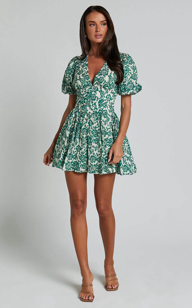 Showpo Nelli Mini Dress - Short Puff Sleeve Shirred Back Dress Green Silhouette | PAUJMW025