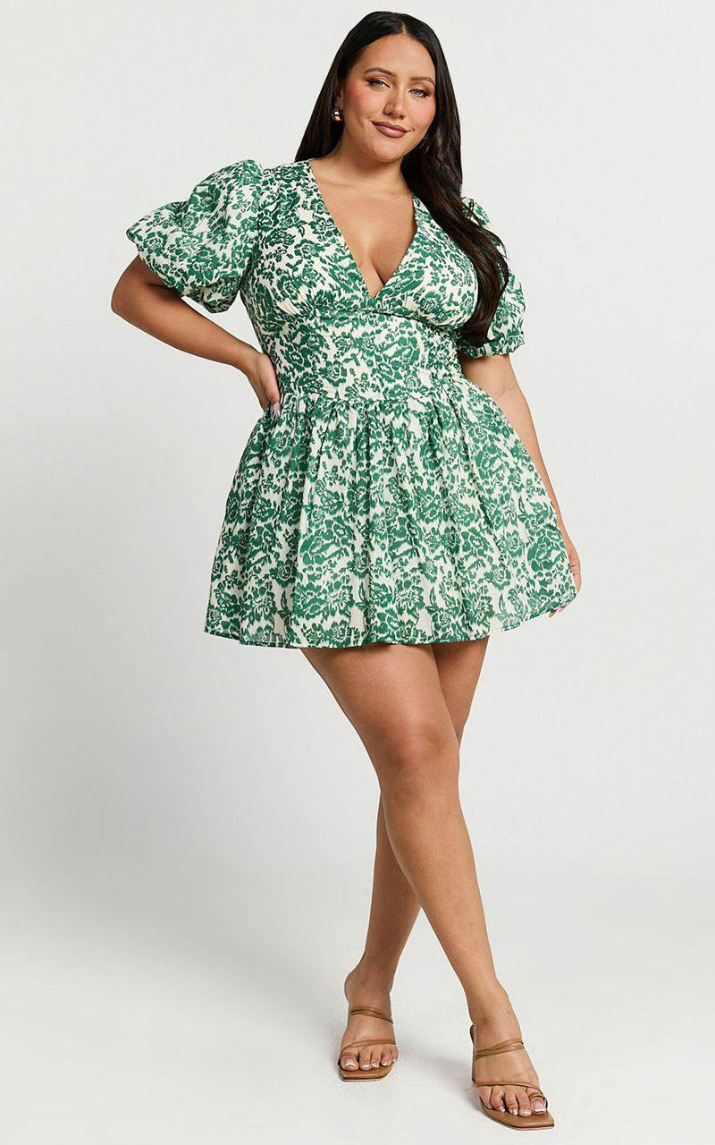 Showpo Nelli Mini Dress - Short Puff Sleeve Shirred Back Dress Green Silhouette | PAUJMW025