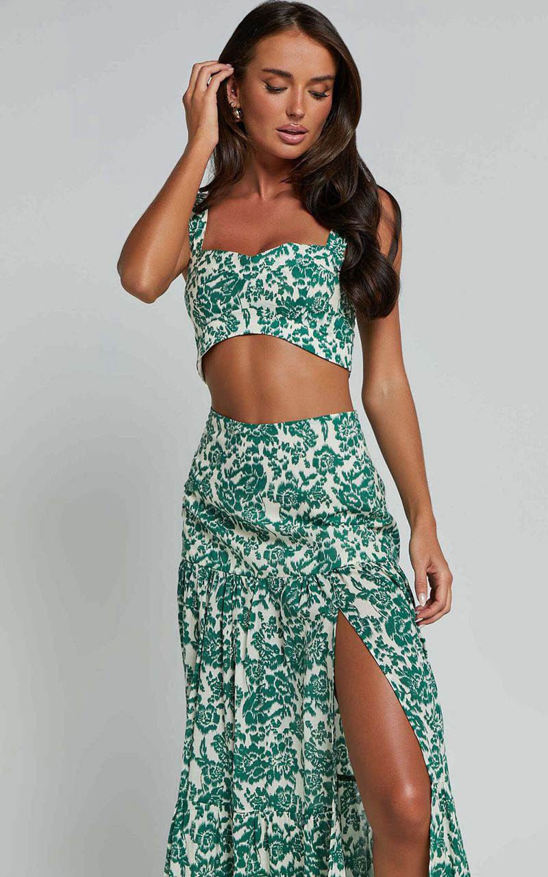 Showpo Nelli Two Piece Set - Crop Top And Thigh Split Maxi Skirt White And Green Floral | PXIWOG673