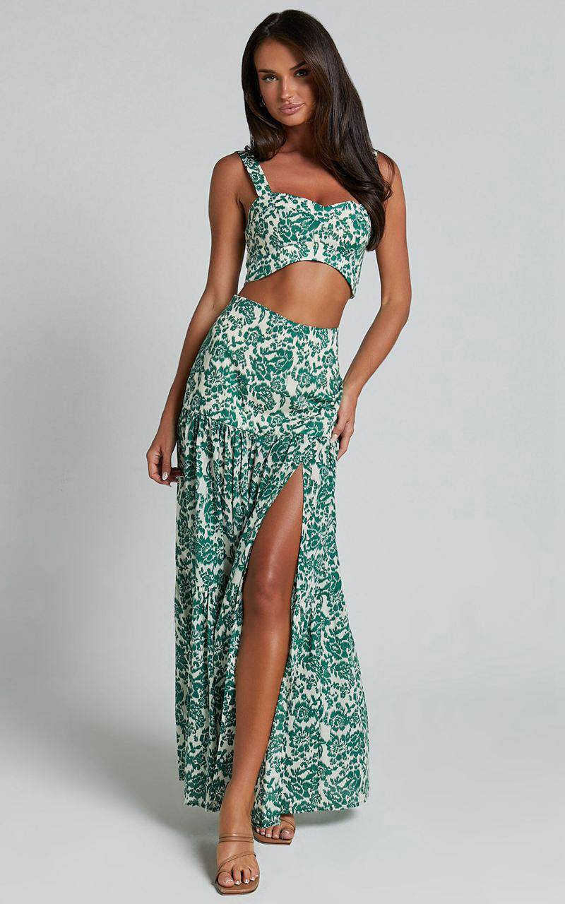 Showpo Nelli Two Piece Set - Crop Top And Thigh Split Maxi Skirt White And Green Floral | PXIWOG673