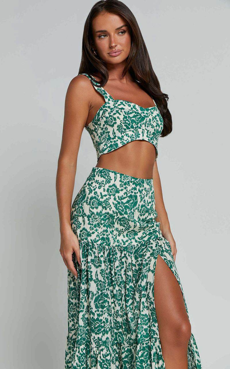 Showpo Nelli Two Piece Set - Crop Top And Thigh Split Maxi Skirt White And Green Floral | PXIWOG673