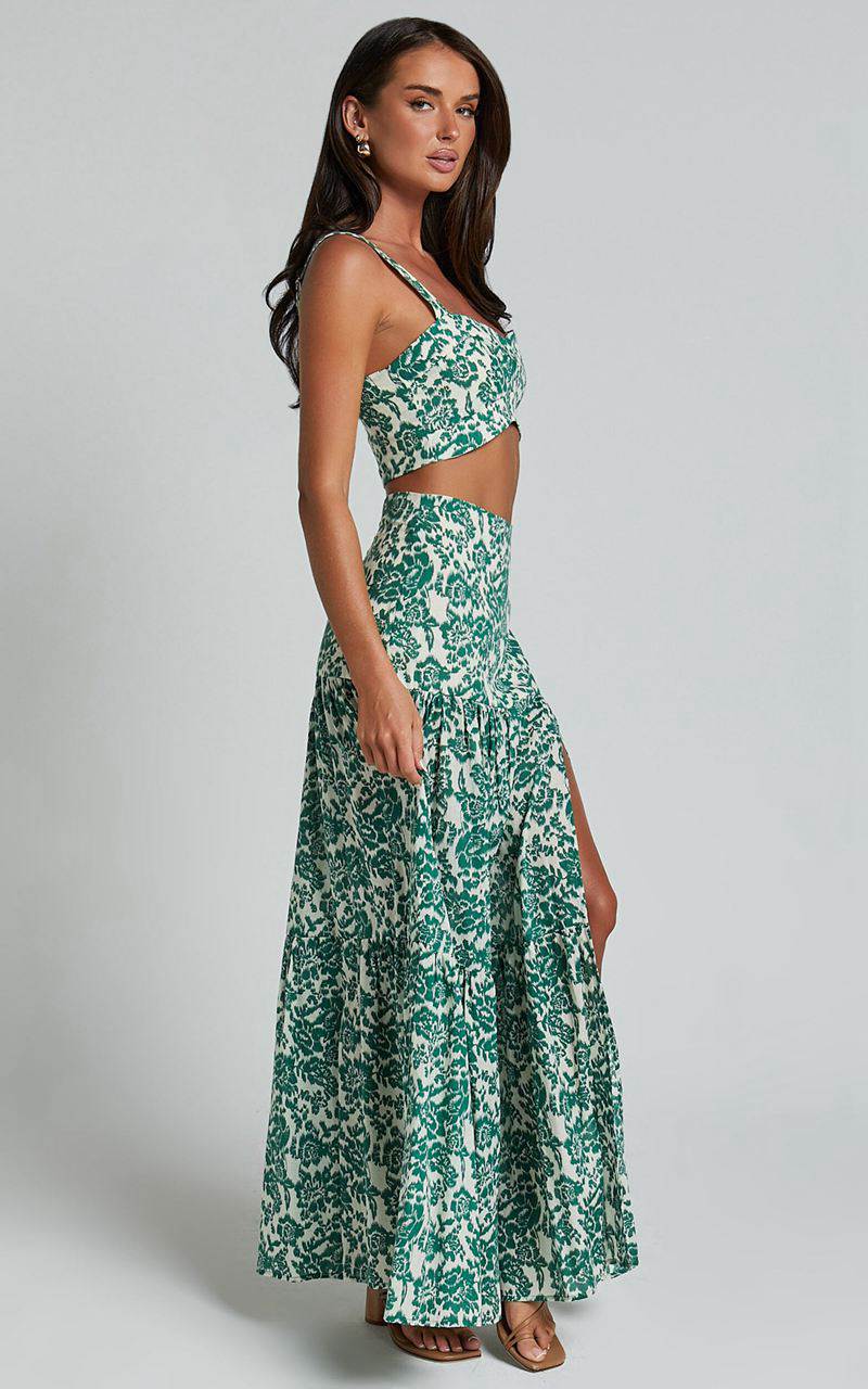 Showpo Nelli Two Piece Set - Crop Top And Thigh Split Maxi Skirt White And Green Floral | PXIWOG673