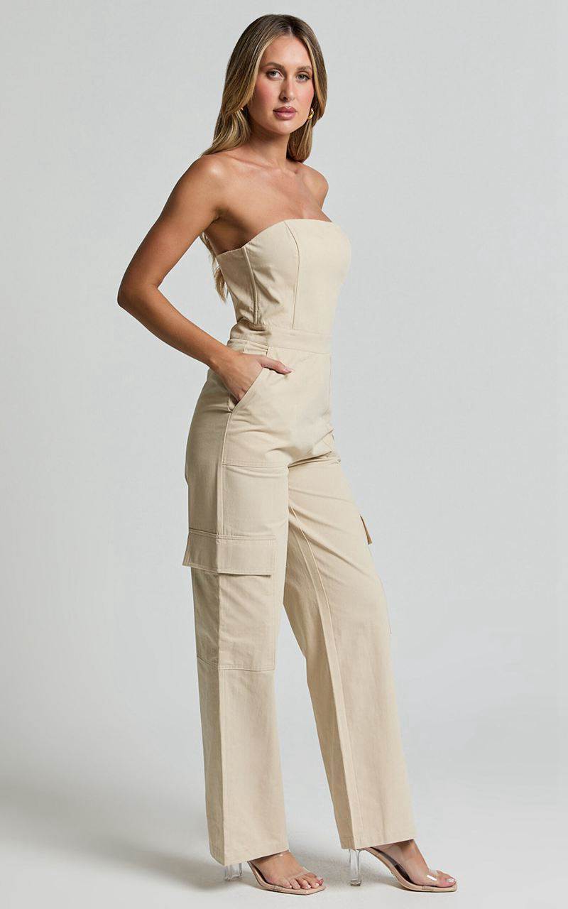 Showpo Nellia Jumpsuit - Strapless Straight Leg Cargo Jumpsuit Stone | EYMIZX781