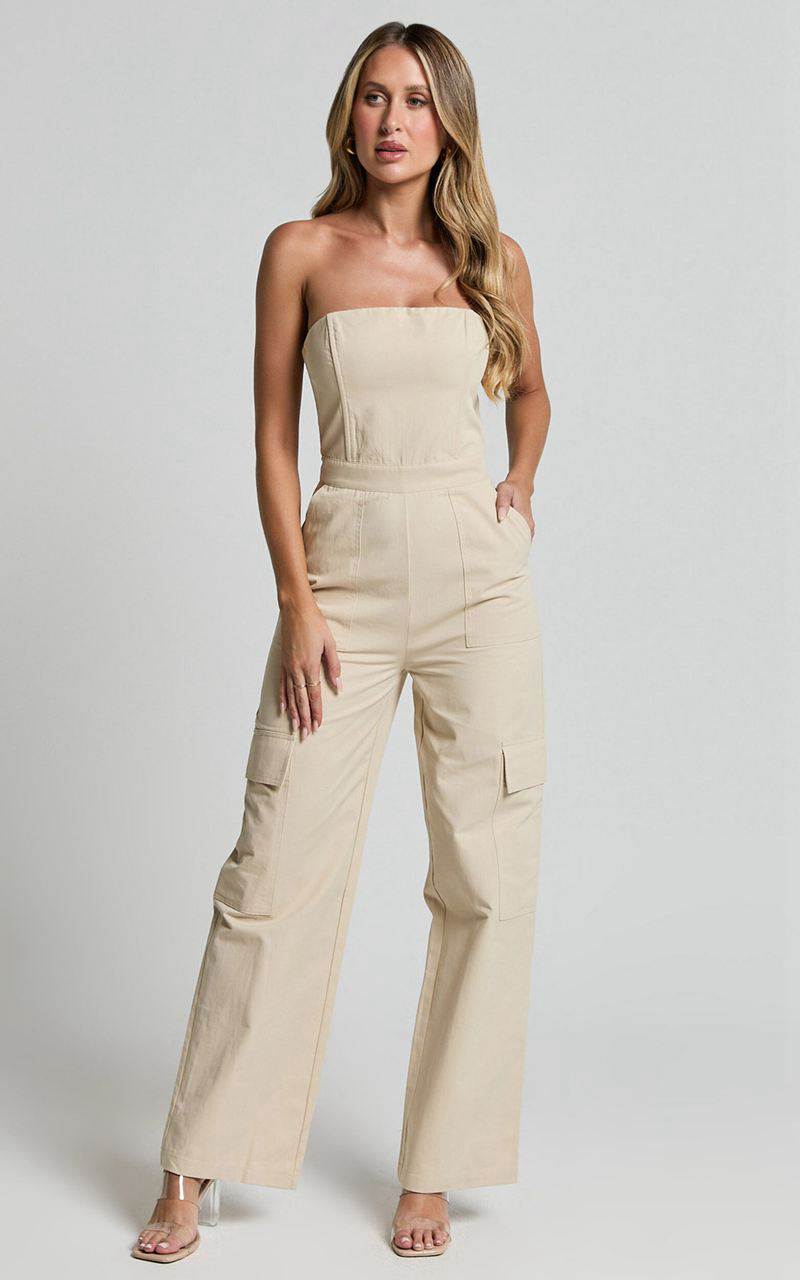 Showpo Nellia Jumpsuit - Strapless Straight Leg Cargo Jumpsuit Stone | EYMIZX781