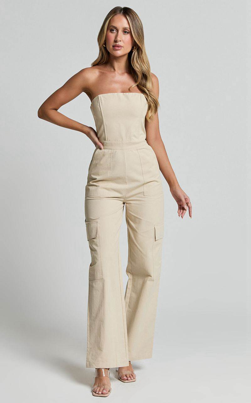 Showpo Nellia Jumpsuit - Strapless Straight Leg Cargo Jumpsuit Stone | EYMIZX781