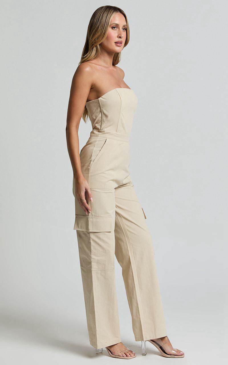 Showpo Nellia Jumpsuit - Strapless Straight Leg Cargo Jumpsuit Stone | EYMIZX781