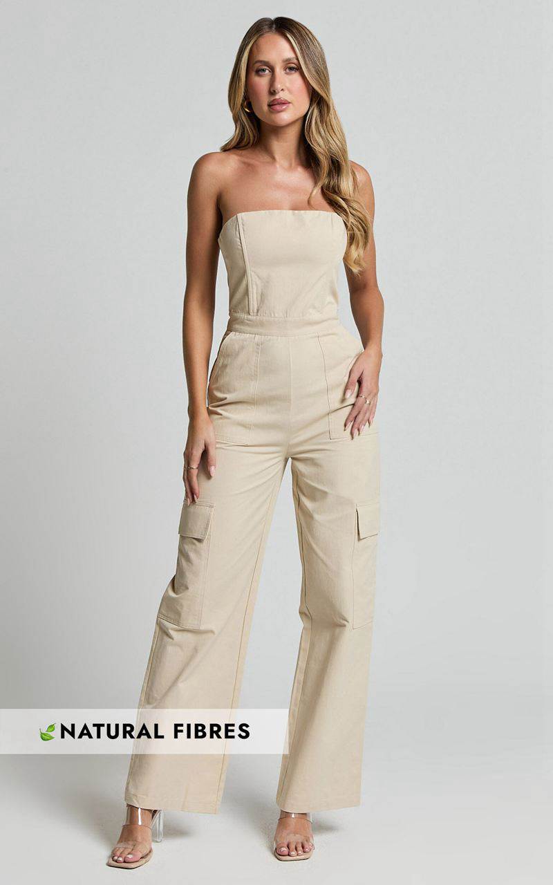 Showpo Nellia Jumpsuit - Strapless Straight Leg Cargo Jumpsuit Stone | EYMIZX781