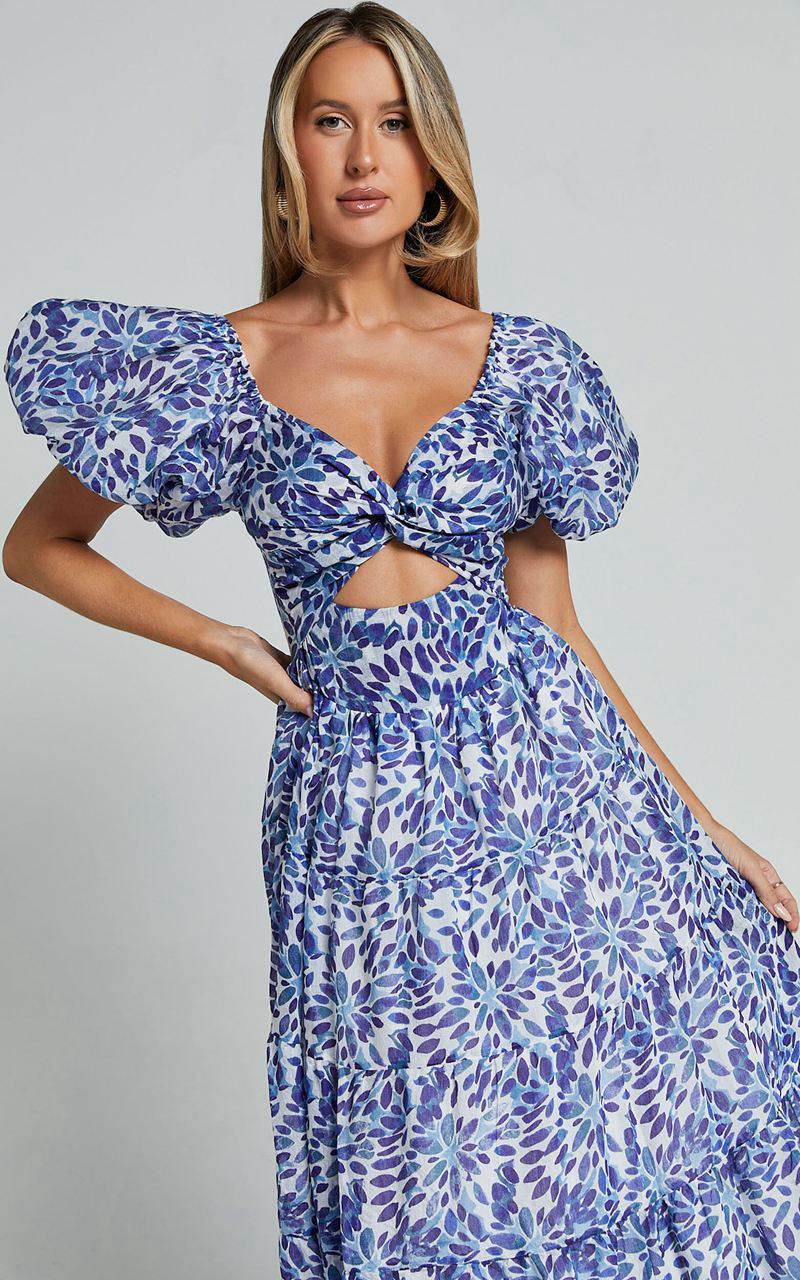 Showpo Nelrose Midi Dress - Short Puff Sleeve Front Cut Out Dress Blue Print | NYPVAI860