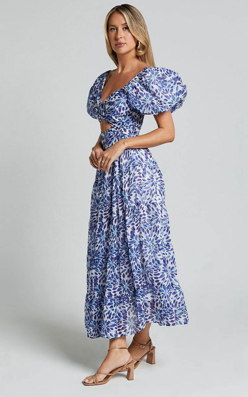 Showpo Nelrose Midi Dress - Short Puff Sleeve Front Cut Out Dress Blue Print | NYPVAI860