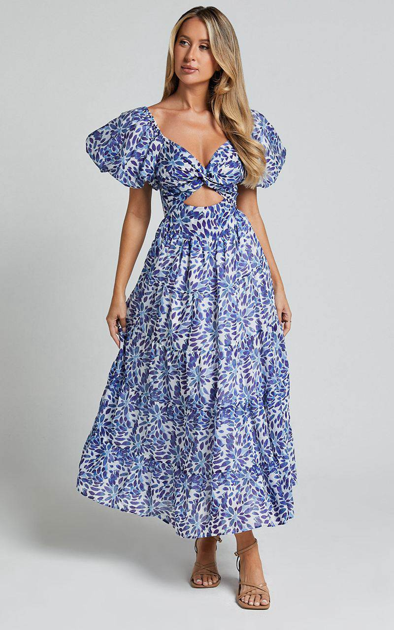 Showpo Nelrose Midi Dress - Short Puff Sleeve Front Cut Out Dress Blue Print | NYPVAI860