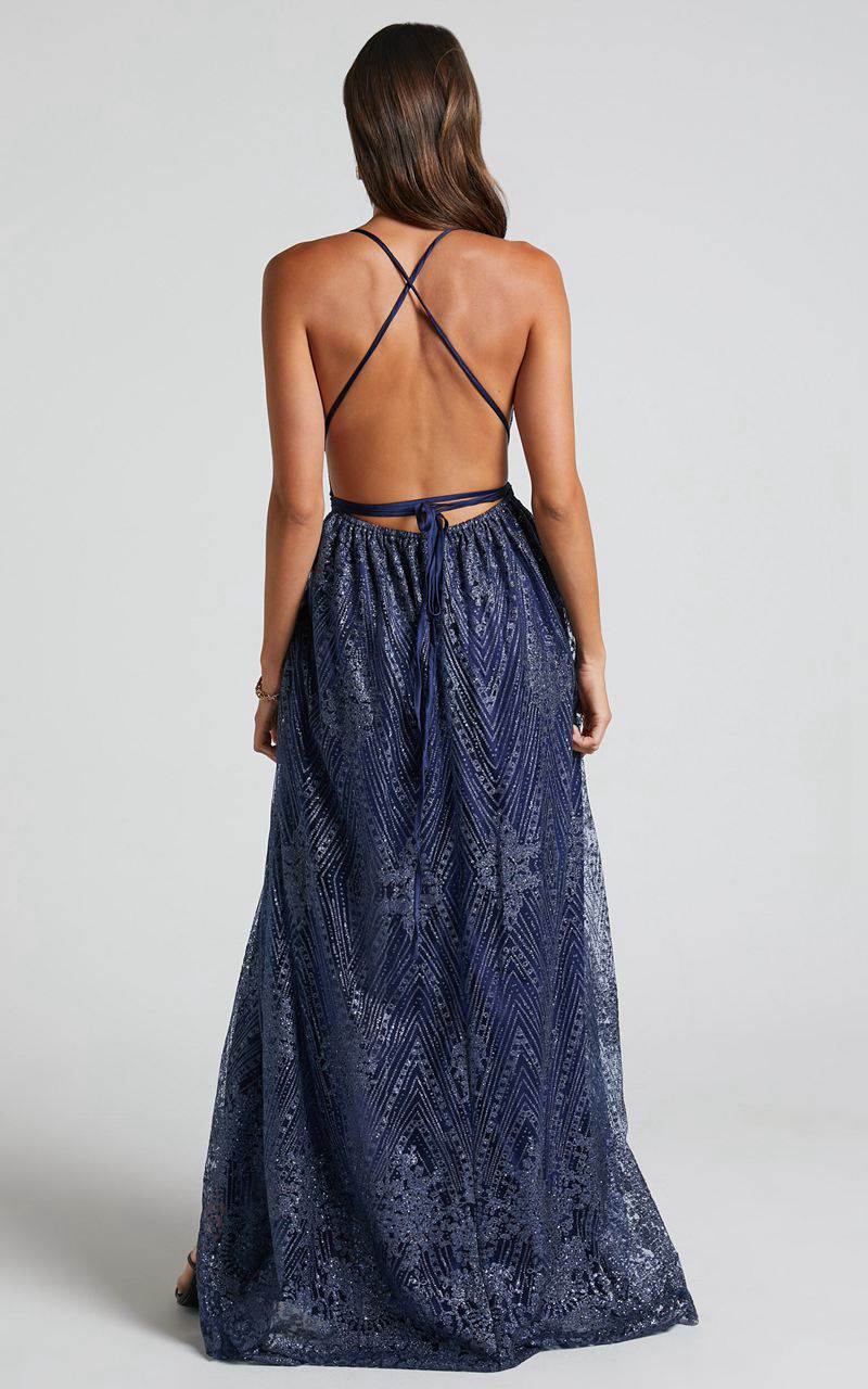 Showpo New York Nights Maxi Dress - Sequin Plunge Cross Back Dress Navy | ZWQEGF068