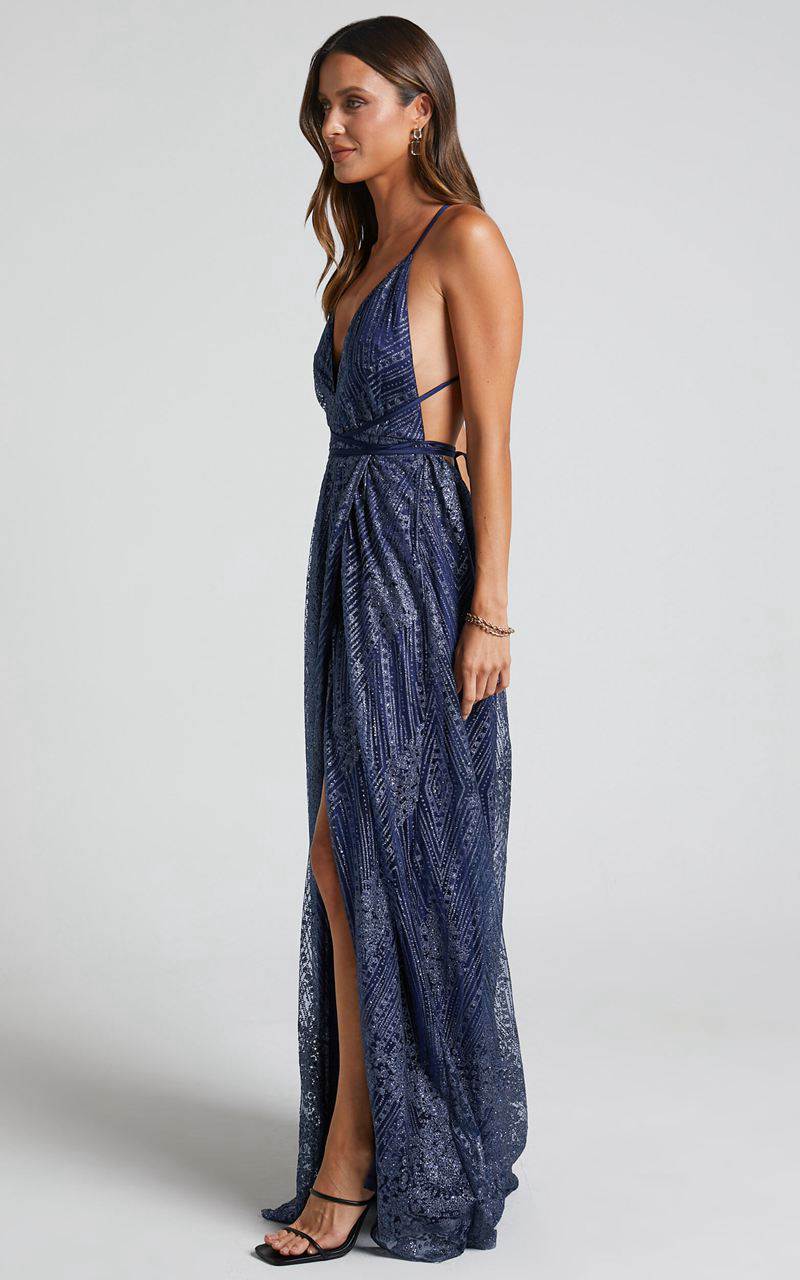 Showpo New York Nights Maxi Dress - Sequin Plunge Cross Back Dress Navy | ZWQEGF068