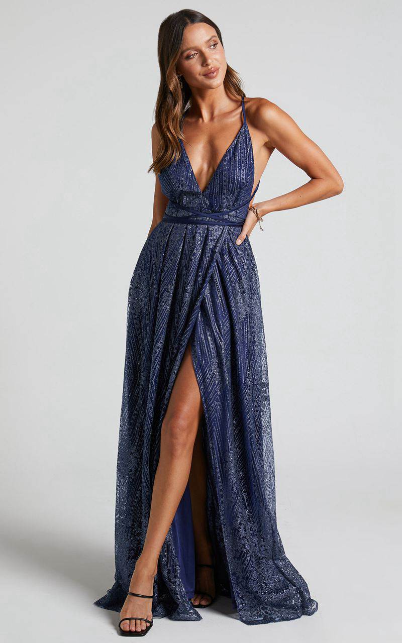 Showpo New York Nights Maxi Dress - Sequin Plunge Cross Back Dress Navy | ZWQEGF068