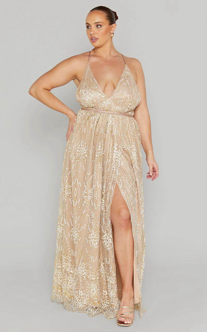 Showpo New York Nights Maxi Dress - Sequin Plunge Cross Back Dress Gold | XMBFLO701