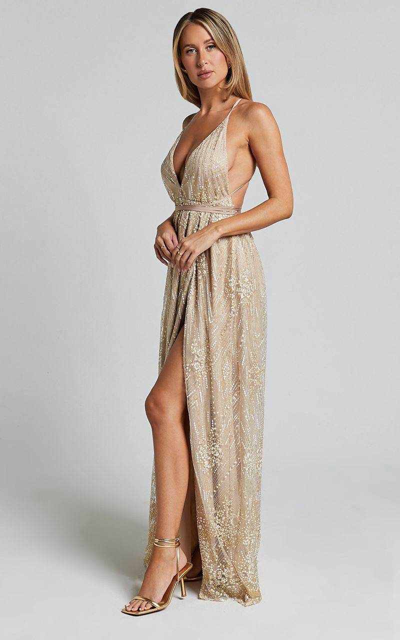 Showpo New York Nights Maxi Dress - Sequin Plunge Cross Back Dress Gold | XMBFLO701