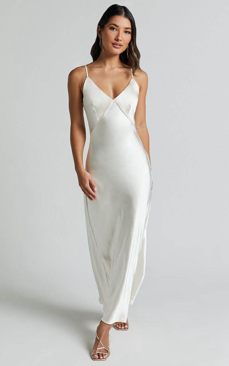 Showpo Niall Midi Dress - V Neck Satin Slip Dress Pearl | CIEOZT130