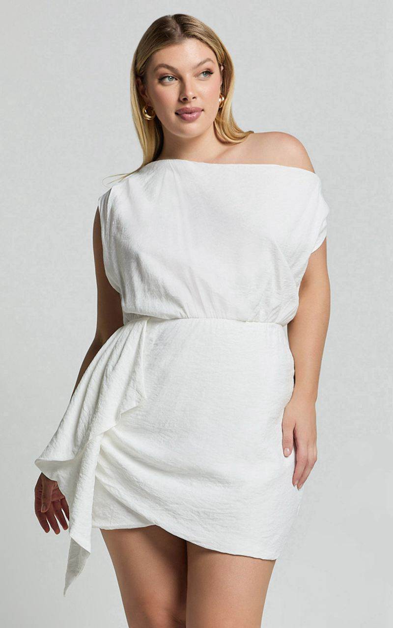 Showpo Niana Mini Dress - Drape One Shoulder Dress White | MBDCUT938