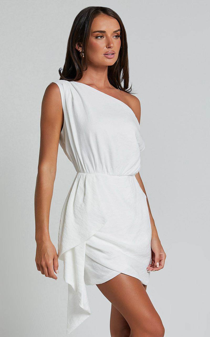 Showpo Niana Mini Dress - Drape One Shoulder Dress White | MBDCUT938