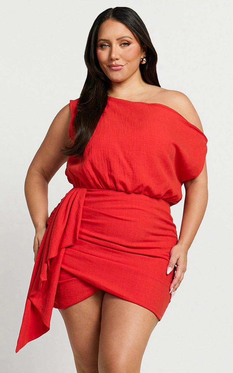 Showpo Niana Mini Dress - Drape One Shoulder Dress Red | HSKXYU321