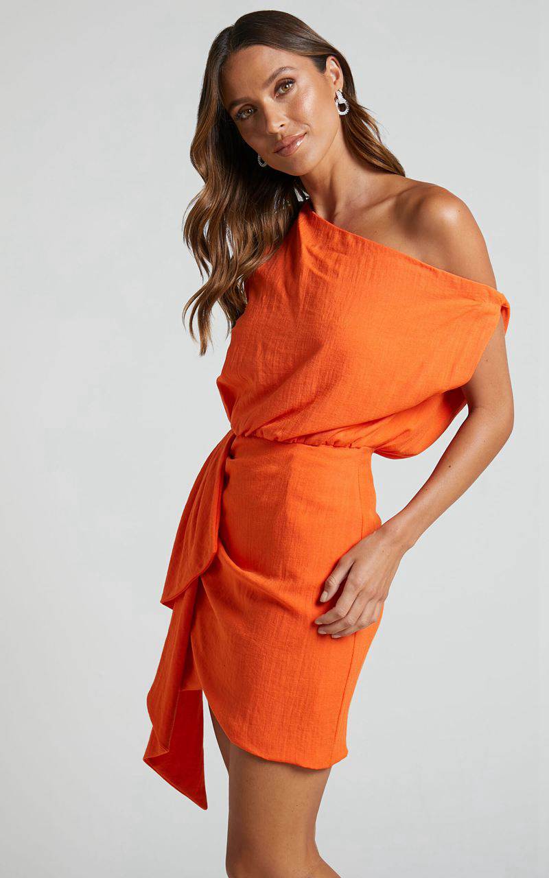 Showpo Niana Mini Dress - Drape One Shoulder Dress Orange | MKZJXE215