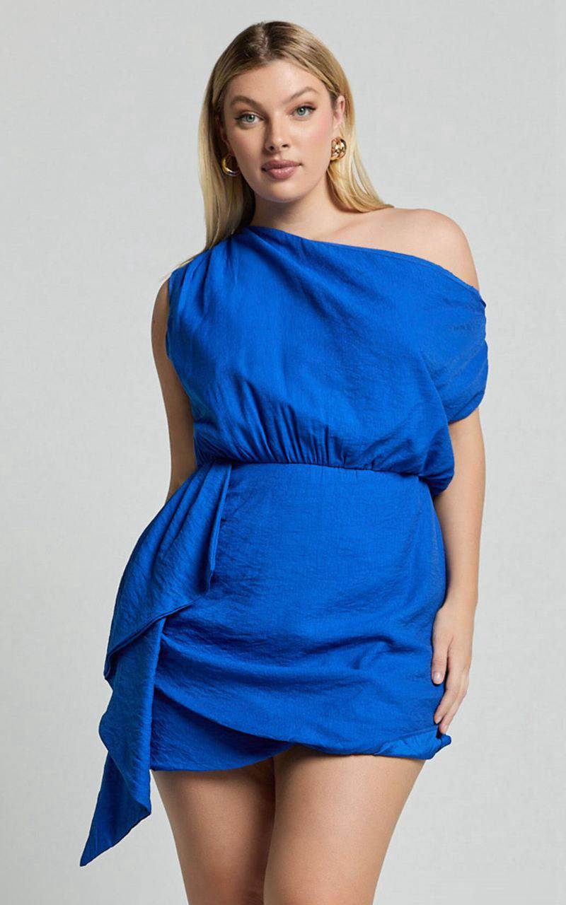 Showpo Niana Mini Dress - Drape One Shoulder Dress Blue | BYDRGW427