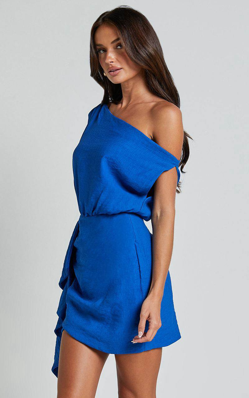 Showpo Niana Mini Dress - Drape One Shoulder Dress Blue | BYDRGW427