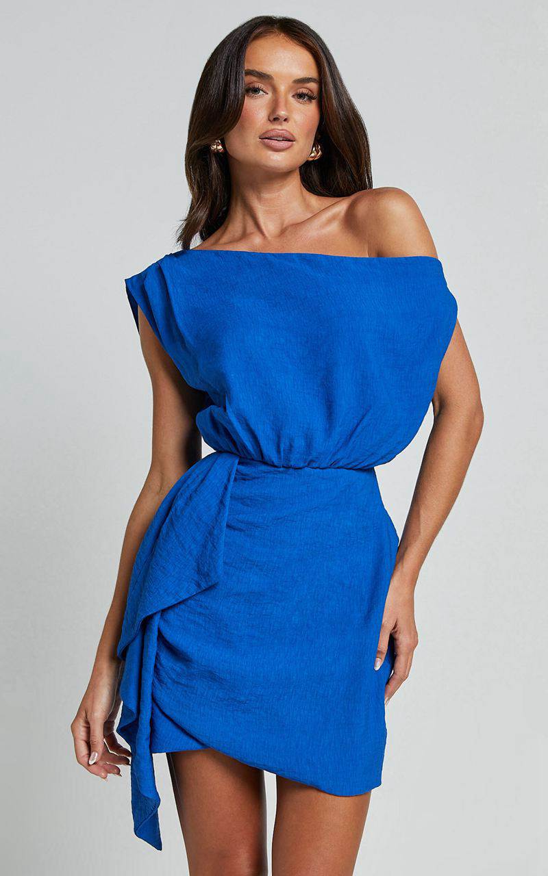 Showpo Niana Mini Dress - Drape One Shoulder Dress Blue | BYDRGW427